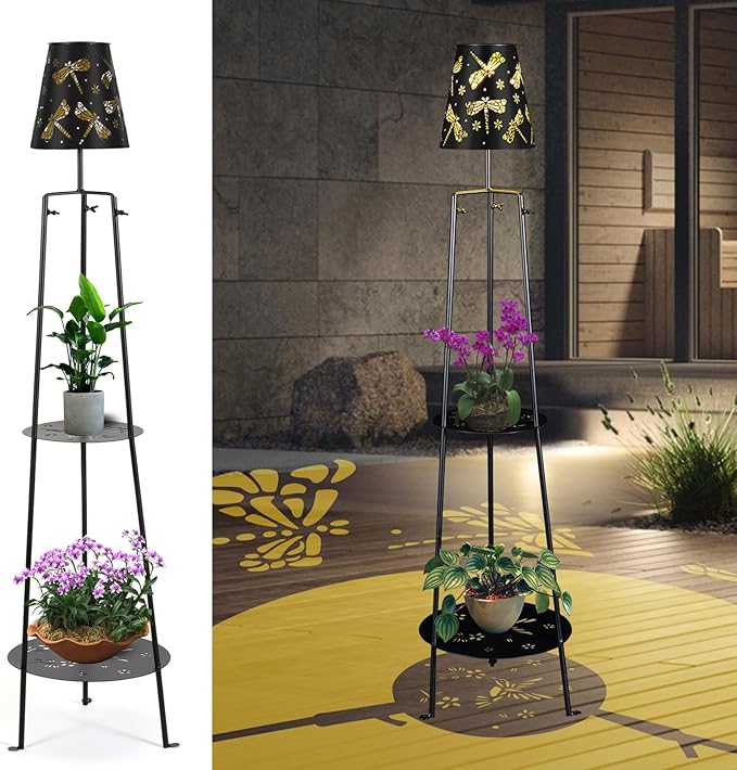 47.2'' Outdoor Metal Solar Floor Lamps with 2 Plant Stand Dragonfly Solar Lights Plant Stand Waterproof Solar Powered Outdoor Lantern Garden Decorative Light for Pathway Patio Porch Deck Yard