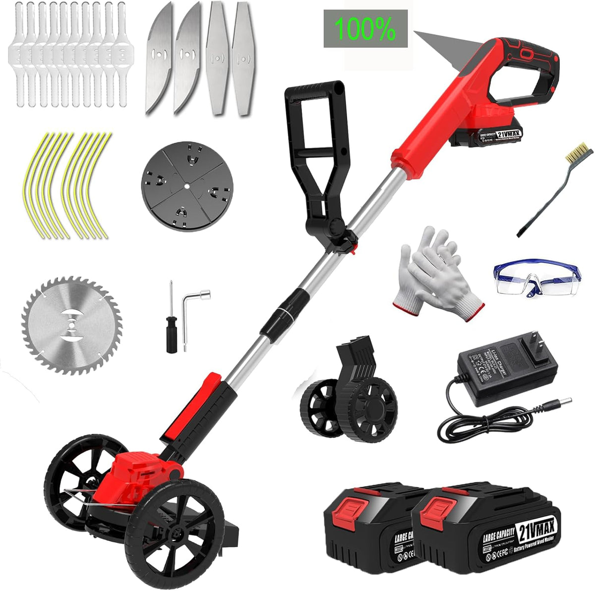 Cordless Weed Wacker, Electric Weed Trimmer Battery Powered with 2 21V Battery Operated & Charger & 5 Types Blades & Wheels, No-String Grass Trimmer/Lawn Edger/Brush Cutter for Garden Yard