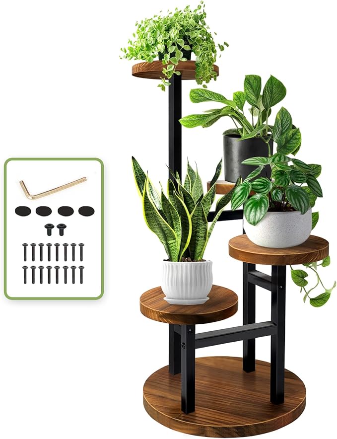 AUGOSTA 4 Tier Corner Plant Stand, Tall Metal Wood Plant Shelf Holder for Indoor, Outdoor Display Rack Flower Pot Stand for Living Room Balcony Garden Patio