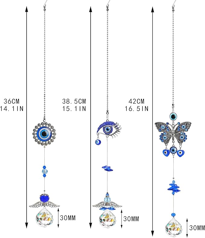 3pcs Evil Eye Suncatchers with Crystal Prism Balls Window Hanging Decoration Ornament Sun Catchers Rainbow Maker Pendant