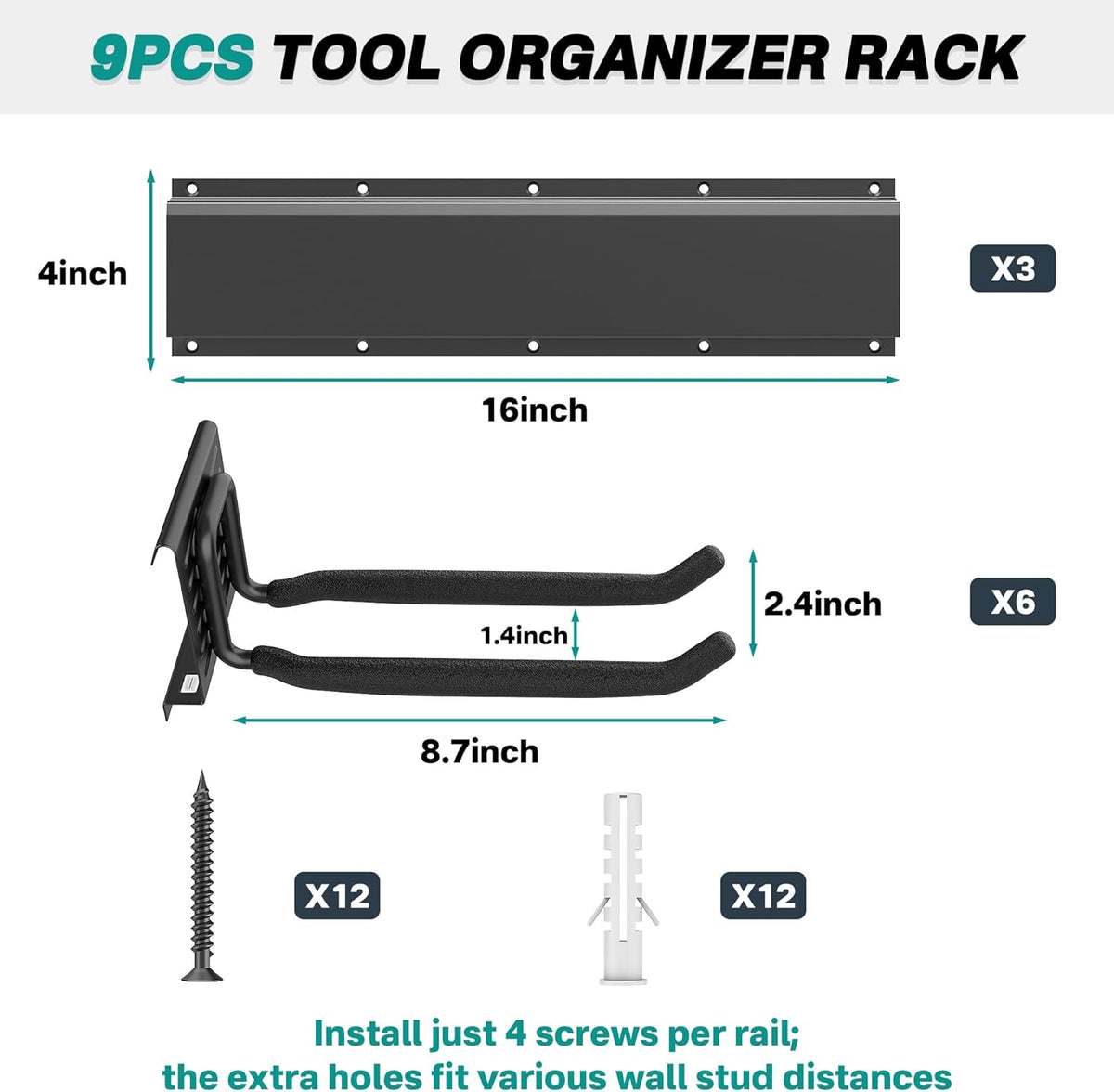 EVERHANGER Garage Tool Storage Organizer, Wall Mount Garden Tool Rack Organization, Heavy Duty Folding Chair Hangers with 6 Adjustable Hooks, Max Load 450lb, 48inch