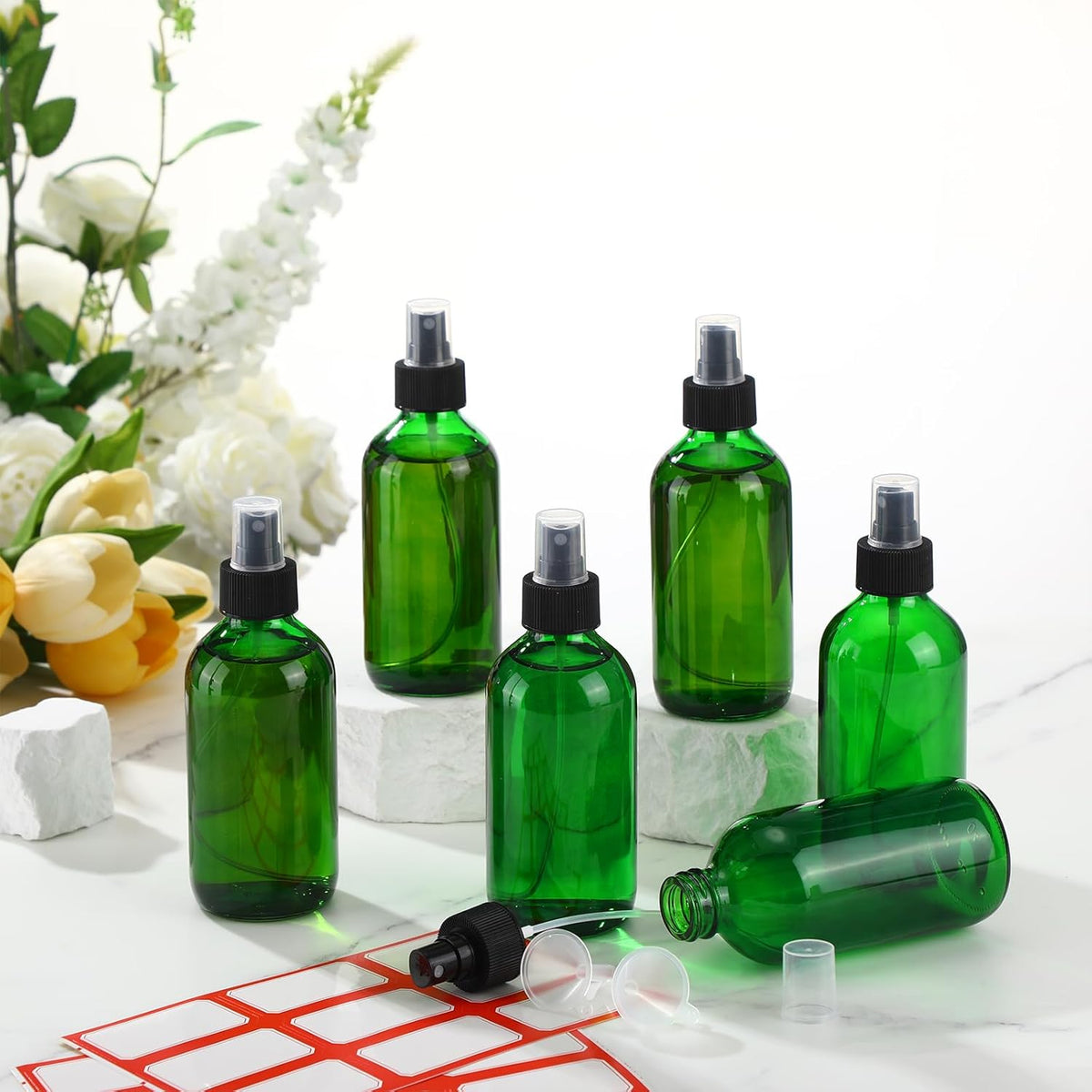 Norme 12 Pcs 8 oz Glass Spray Bottles with Funnels and Labels Refillable Cosmetic Empty Spray Bottles with Sprayer Containers for Essential Oil Cleaning Solutions (Green,Stylish)