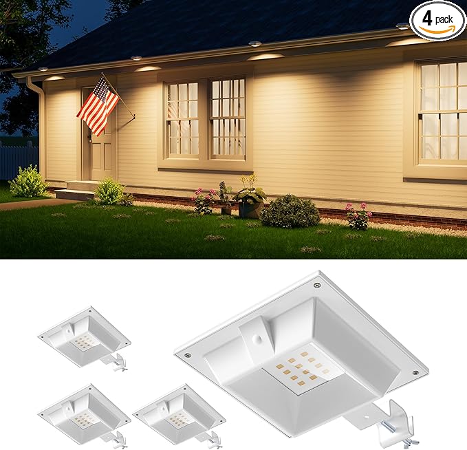 4 Pack Solar Powered Gutter Lights Outdoor Decorative Waterproof 12 LEDs Yard Lamp for Fence, Railing, Outside Wall, Deck, Garden, Path, Backyard, Walkway, Patio, No Drilling Installation (Warm White)