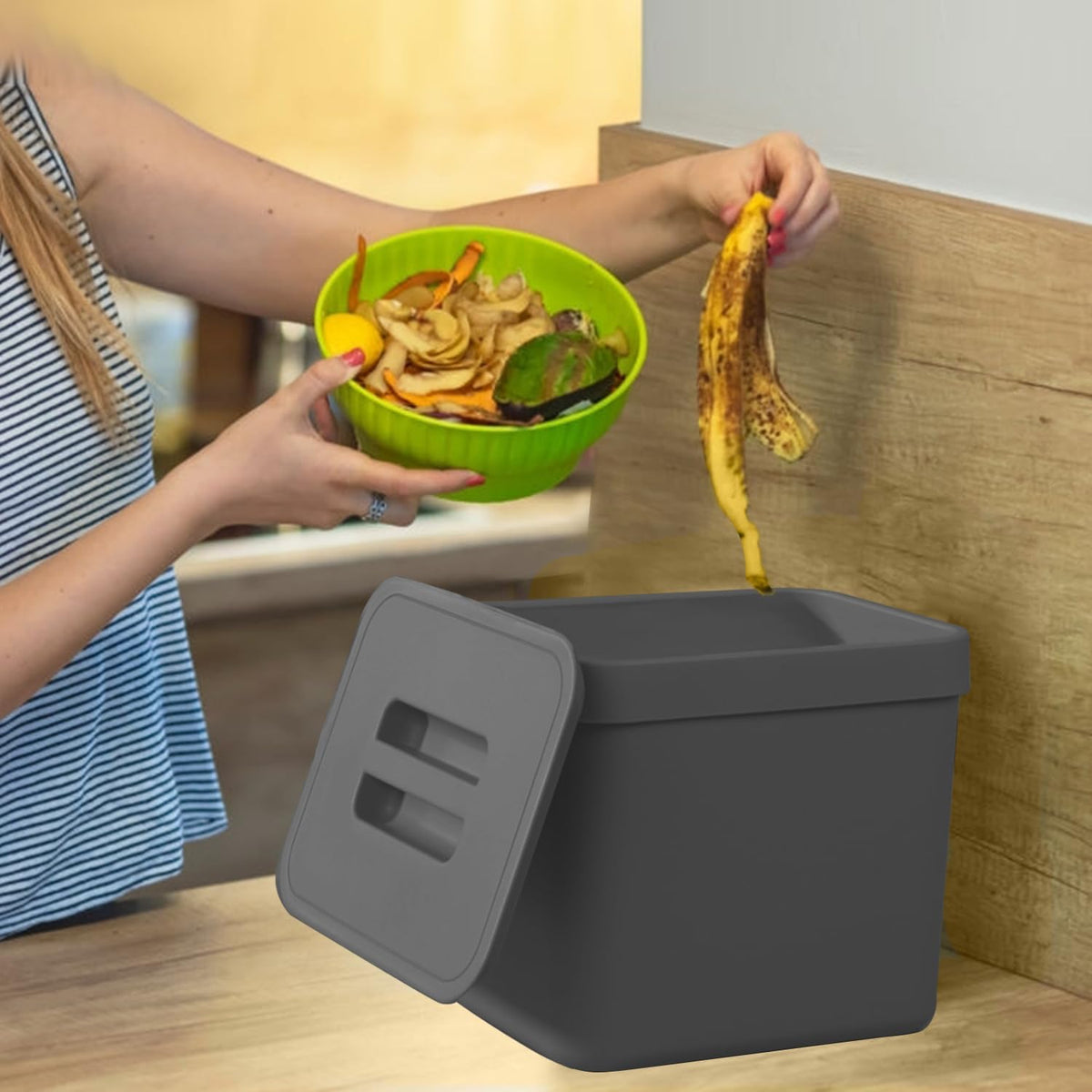 Kitchen Compost Bin, LALASTAR Food Waste Bin for Kitchen, Food Scrap Pail Bucket with Colander, Hanging Trash Can, 1.8 Gallons, Black
