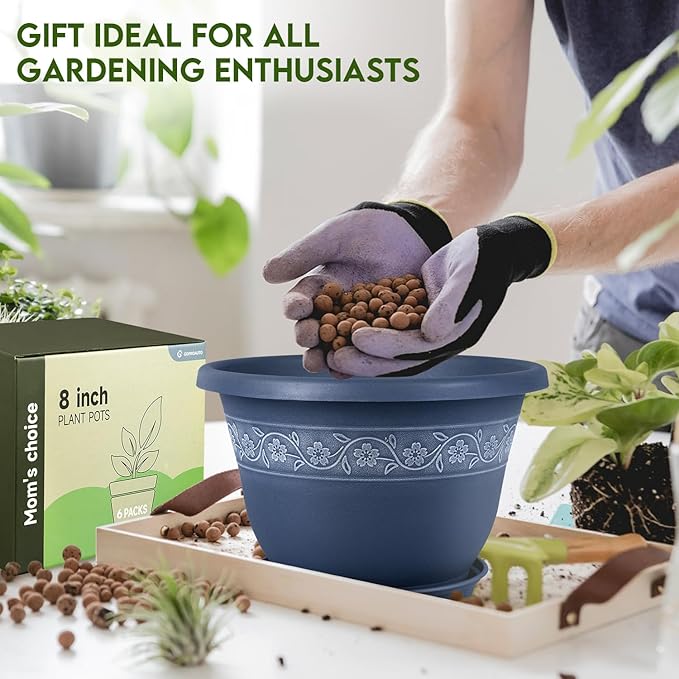 8 Inch Plant Pots with Drainage Hole - Lightweight Flower Pots for Herbs and Flowers - Home Decor Plastic Planters for Indoor Outdoor Plants- Pack of 6 (Blue, 8 inch)