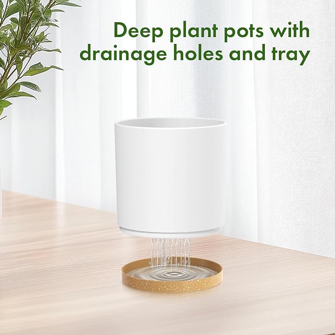 8/7/6 inch Plant Pots, 3 Pack Cylinder Flower Pots for Outdoor Indoor Plants, Decorative Plastic Planters with Drainage Holes and Saucers for Garden House Plants, White with Brown