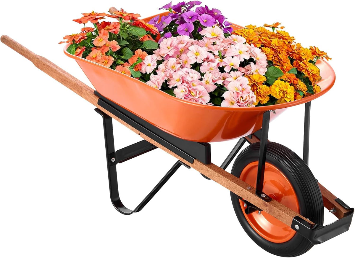 VEVOR Wheelbarrow Cart, 5 Cu. Ft. Load & 265 lbs Capacity, One Wheel Garden Dump Cart, Garden Wagon with Metal Handle & 16" Wide Track Wheels, Easy Loading Utility Yard Cart & Wagons for Lawn Farm