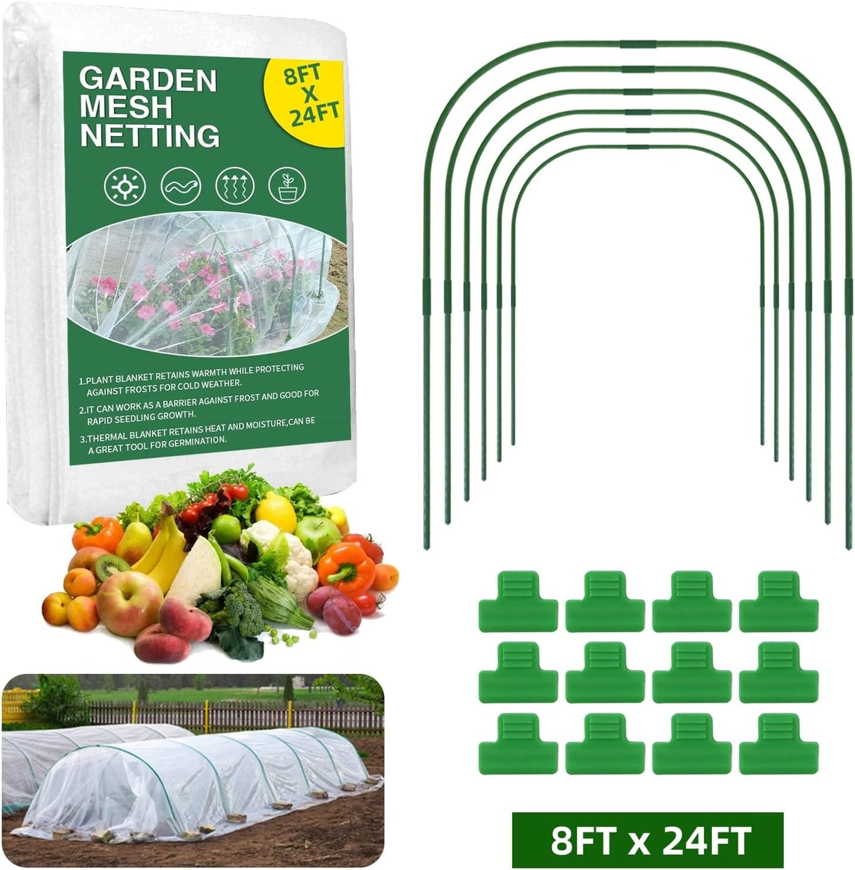 Garden Mesh Netting Kit - 8x24 Ft Ultra Fine Mesh Netting with 6 Sets Garden Hoops & 12 Clips, Bird Protection for Fruit, Vegetable, Flowers & Animals, Greenhouse Cover