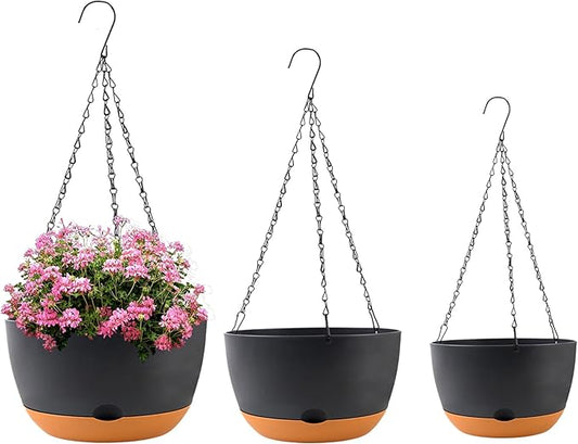 8/10/12 inch Plant Pot Hanging Planters Self Watering Pots for Indoor Plants, 3 Pack Plastic Hanging Basket with Removable Tray for Home Garden Porch Balcony Patio Decor(Black)