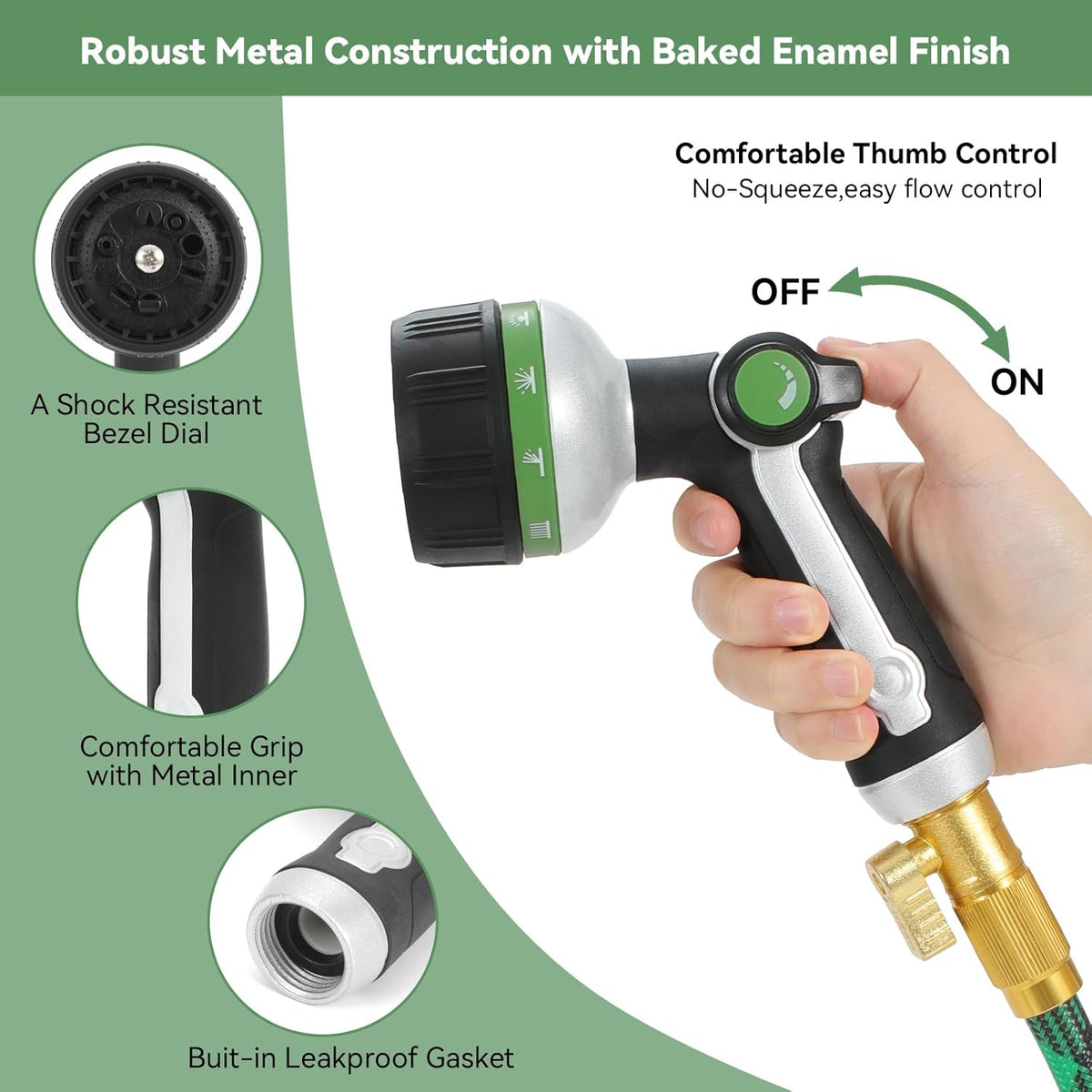 Garden Hose Nozzle Heavy Duty,Metal Water Hose Nozzle with 10 Adjustable Spray Patterns, High Pressure Hose Sprayer Nozzle Thumb Control On Off Valve for Lawn & Plant Watering, Car & Pet Washing