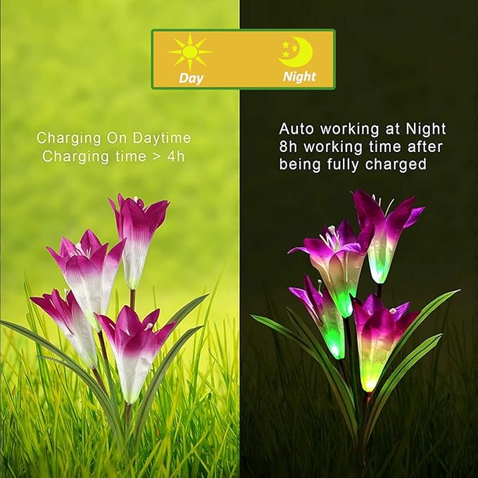 ANGMLN 4 Pack Solar Flowers Lights,16 Bigger Head Solar Lily Flowers, 7 Color Changing Pathway Lamps for Garden Patio Yard Party Wedding Holiday Outdoor Garden Stake Decoration(Purple2&White1&Pink1)