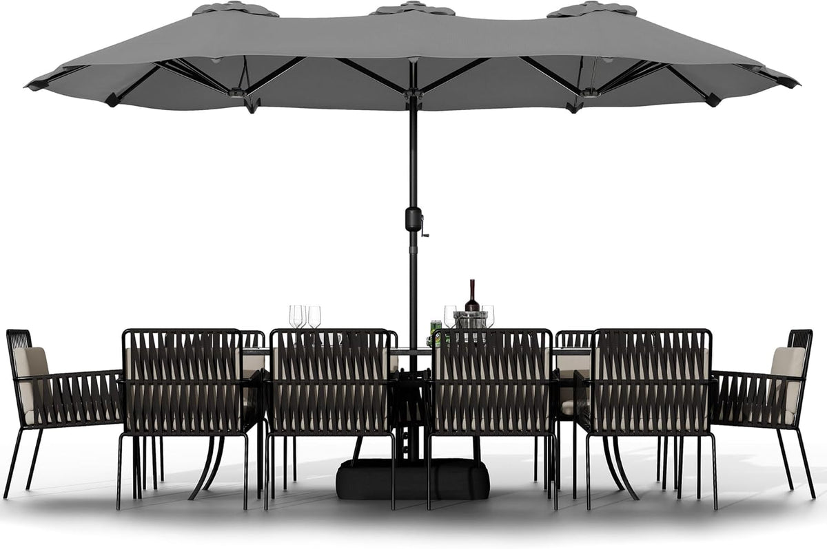 Shintenchi 16FT Large Patio Umbrella with Base, Outdoor Double-Sided Rectangular Umbrella, Market Umbrella with Crank Handle for Poolside Lawn Garden, Gray