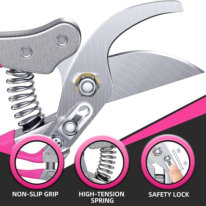 8.5" Professional Bypass Pruning Shears – Heavy Duty Garden Scissors & Clippers for Branch Trimming, Ultra Sharp SK5 Blade, Ergonomic Handle, Perfect Gardening Gift for Women, 2025 Pink Tools