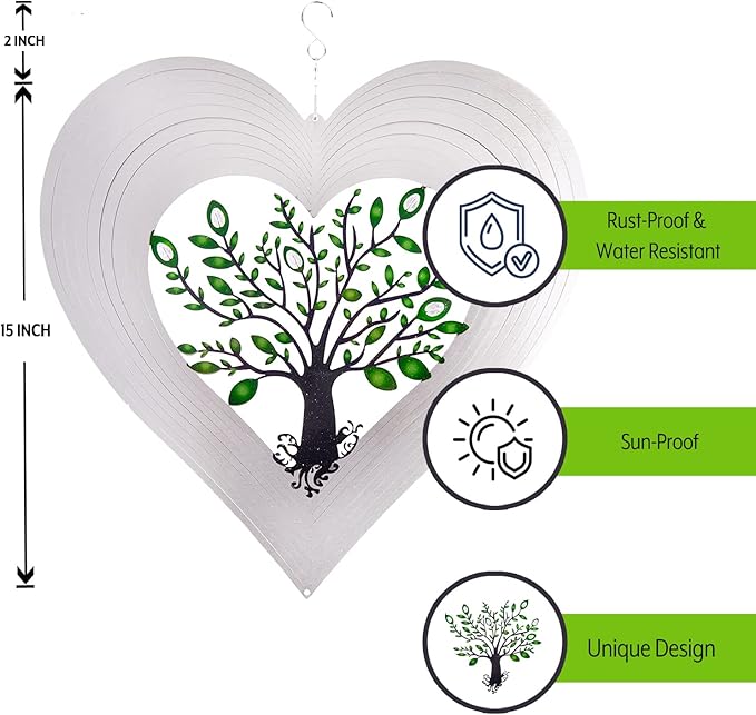 Heart Wind Spinners with Crystals for Yard and Garden, Metal Ornaments for Garden Décor, Outdoor Wind Spinner, Heart Décor Gifts, Outdoor Garden Decoration, 15 inch Heart Wall Décor by ISEO