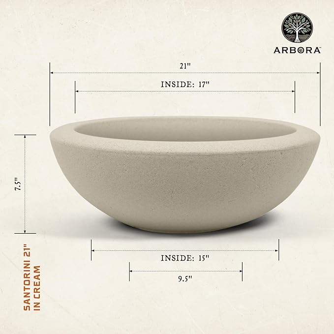 ARBORA 21" Santorini Bowl Polyresin Indoor and Outdoor Planter with Classic Cream Finish - Durable, Weatherproof, Lightweight, Large Plant Pot for Patio, Garden, Deck, Entryway