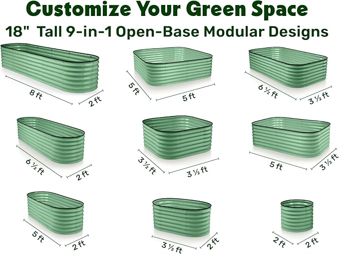 9-in-1 Galvanized Steel Raised Garden Bed // 8×2×1.5 ft Modular Planter for Gardening, Vegetables, Flowers // 18" Tall Metal Raised Garden Beds Outdoor (Light Green) // Patented Design Planter Box