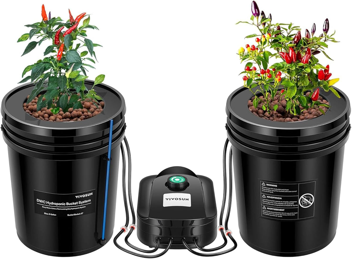 VIVOSUN DWC Hydroponics Grow System with Top Drip Kit, 5-Gallon Deep Water Culture, Recirculating Drip Garden System with Multi-Purpose Air Hose, Air Pump, and Air Stone (2 Buckets + Top Drip Kit)