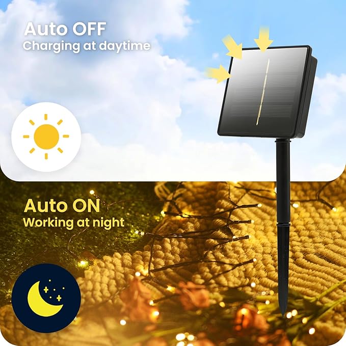 200 Led Solar String Lights Outdoor, 82ft Warm White Solar String Lights, 8 Lighting Mode Solar Fairy Lights for Outside, Waterproof Solar String Lights for Outside,Garden,Courtyards,Trees, Patio