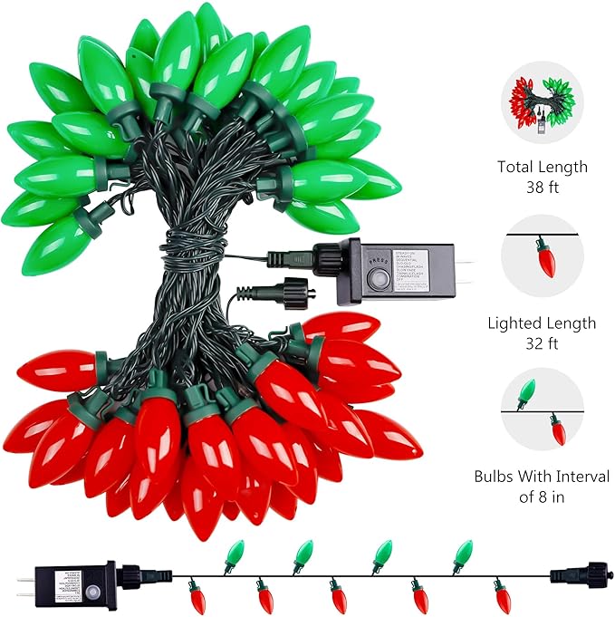 C9 Bulbs Classic Christmas Lights - 50 LED 32ft Strawberry String Light Red&Green - Extendable 8 Modes Funtion with Timer Fairy Lighting for Outdoor, Indoor, Party, Home, Tree Decorations