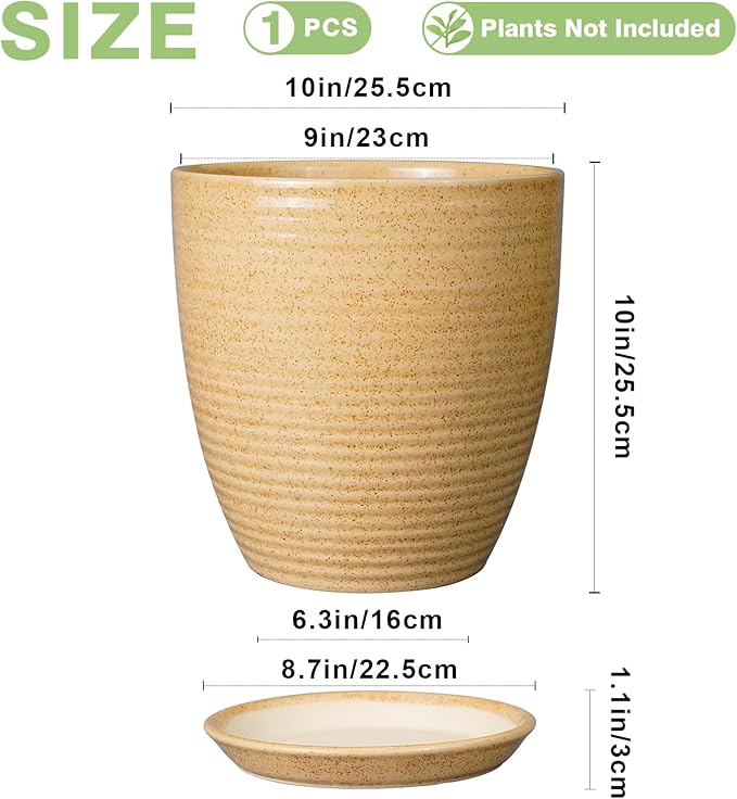 Ceramic Pot for Plants - 10 Inch Plant Pot with Drainage Hole and Saucer Outdoor Planter for Indoor Plants Round Flower Pot for Home Patio Garden Office Yellow