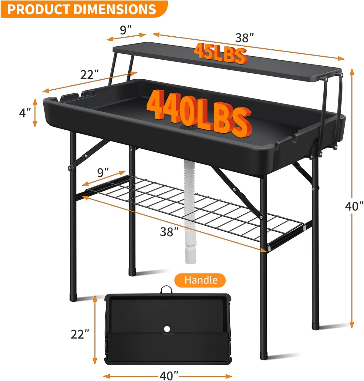 Portable Folding Ice Cooler Table - Two-Tier Outdoor Cooler Table with Removable Matching Skirt and Shelf, Ice Tables for Party, Camping, Picnic, Foldable Self-Serving Beverage Cooling Bar(Black)