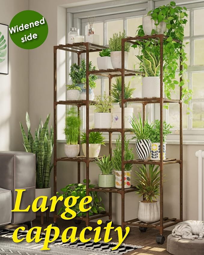 Bamworld Plant Stand With Wheels Indoor Outdoor Wood Plants Shelf for Multiple Plants 11 Pots,Tall Large Flower Holder for Living Room, Patio, Balcony, Garden