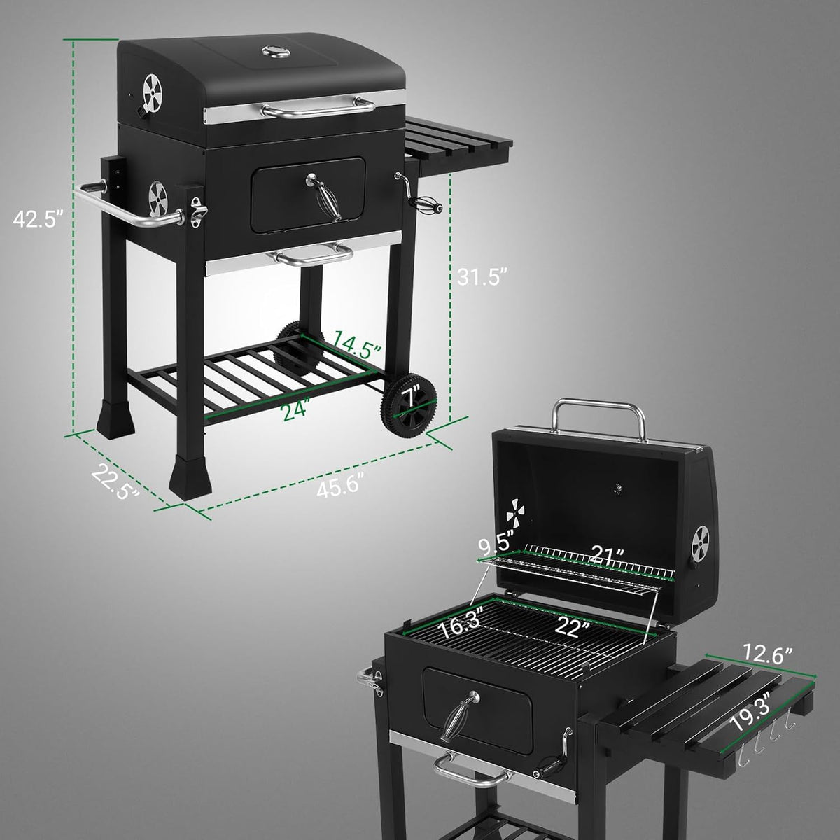 Outvita Large Barrel Charcoal BBQ Grills with 794 SQ.IN. Cooking Area, Outdoor Barbecue Grill with Adjustable Charcoal Tray & Foldable Side Table for Backyard Patio Picnic