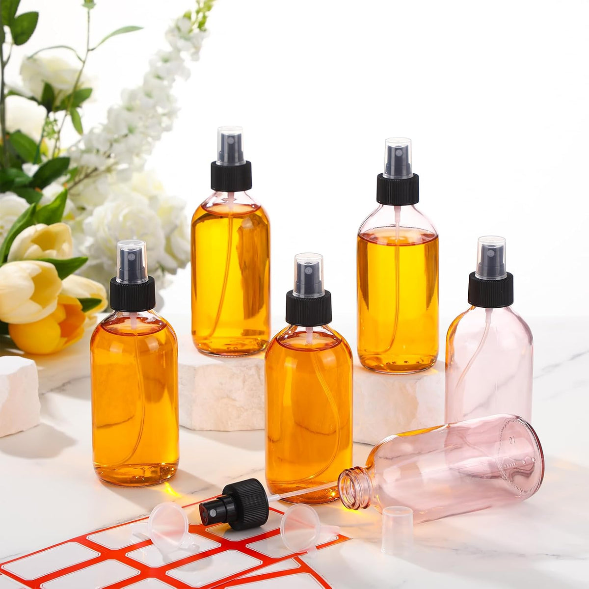 Norme 12 Pcs 8 oz Glass Spray Bottles with Funnels and Labels Refillable Cosmetic Empty Spray Bottles with Sprayer Containers for Essential Oil Cleaning Solutions(Pink,Stylish)