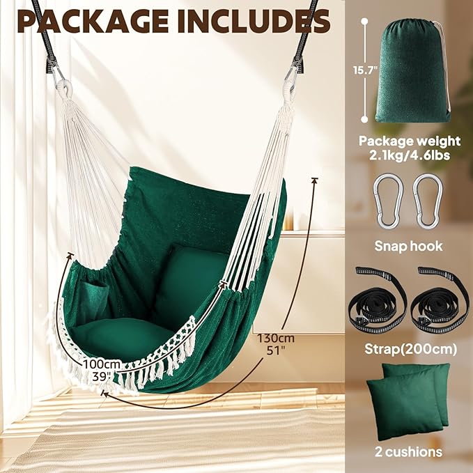 Chihee Hammock Chair Hanging Swing 2 Pillows Included,Strong Webbing Straps and Hooks for Easy Hanging Soft Cotton Hanging Chair Side Pocket Tassel Chair Comfort Indoor Outdoor
