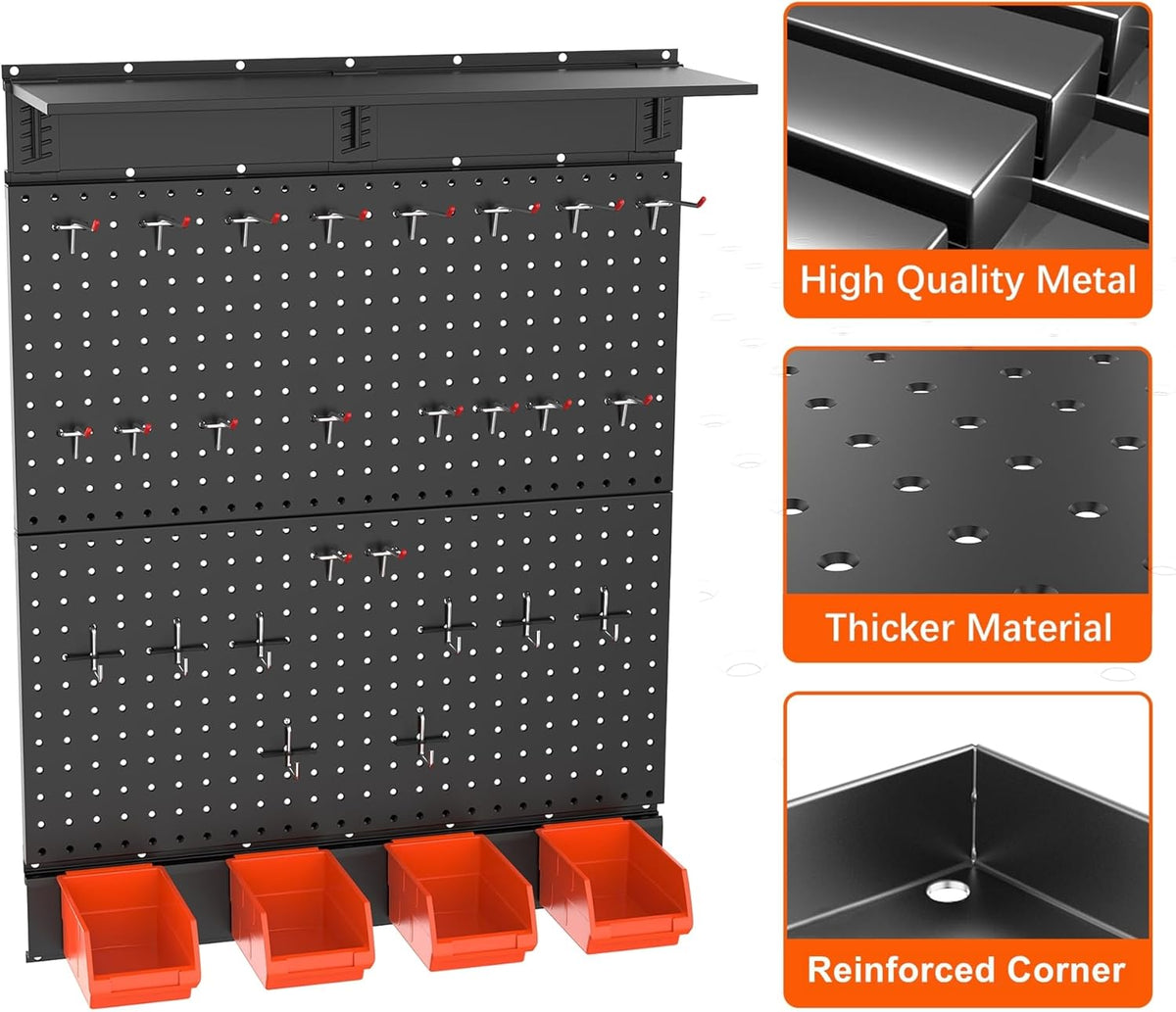 TORACK Garage Metal Pegboard with Accessories, Tools Organizer Peg Board with Pegboard Hooks, Bins, Tool Storage Pegboards for Wall(Black)