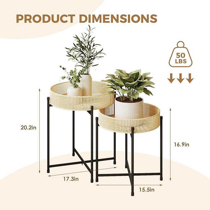 Bamworld Plant Stands Set of 2 Tall Plant Stand Indoor Rattan Plant Table for 5 Pots Plants Round Flower Stand Outdoor for Home Decor Balcony Patio