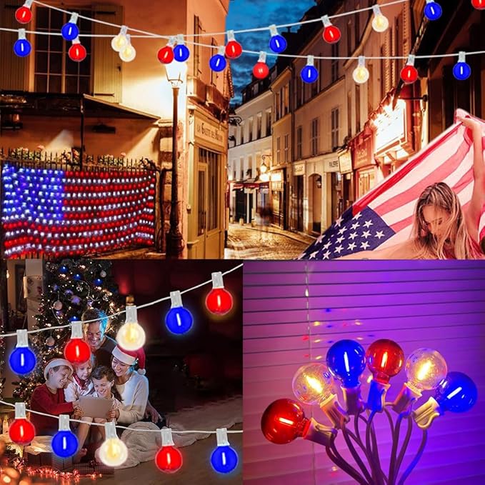 25Ft Independence Day LED String Lights, Waterproof Patio Light with 25 G40 LED Clear/Red/Blue Bulbs, Connectable Hanging Independence Day String Lights for Indoor Outdoor Garden Backyard Porch