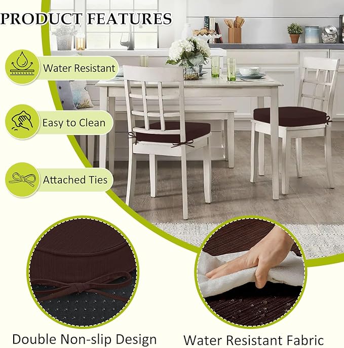 Chair Cushions for Dining Chairs, Indoor Chair Cushions with Ties，Waterproof Chair Pads Set of 4, Brown, 17x16x2.5 Inch