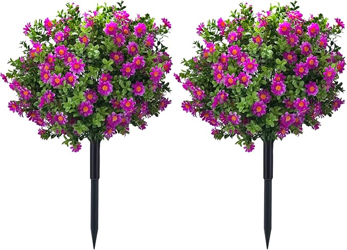 23.6" Artificial Boxwood Topiary Ball Trees with Purple Flowers, Set of 2 UV Resistant No Fade Outdoor Faux Plants with Ground Spike, Fake Shrubs for Garden, Patio, Porch, Yard, Indoor Decor