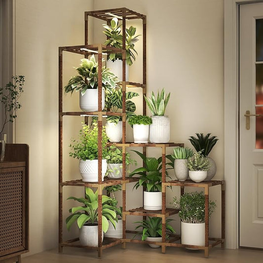HOMKIRT Corner Plant Stand with Grow Lights, 14 Tier Tall Plant Shelf Indoor Outdoor for Multiple Plants, Wood Plant Ladder Rack Holder Display Flower Stand for Patio Porch Garden Living Room