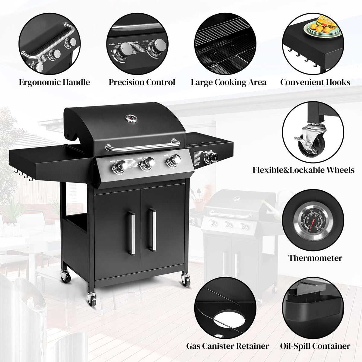ROVSUN 3-Burner Propane Gas BBQ Grill with Side Burner & Enameled Cast Iron Grates, 46,000 BTU Barbecue Grill with Wheels for Outdoor Patio Backyard Cooking Grilling, Black
