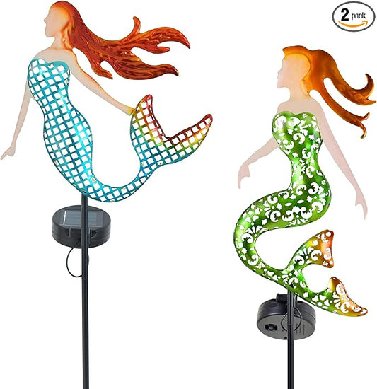 ARTER Solar Garden Stake Lights, Metal Mermaids Ocean Nautical Outdoor Waterproof Solar Pathway Lights with 3.6 Feet 22 LED Fairy Lights for Yard Patio Lawn Poolside, 37 Inches Tall (Pack of 2)