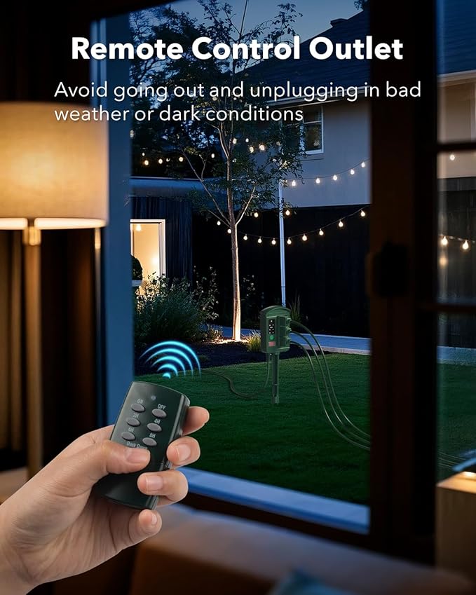 BN-LINK Outdoor Power Stake Timer Waterproof, Power Strip with 6 Grounded Outlets and 6FT Extension Cord, 100FT Wireless Remote Control, Dusk to Dawn Sensor Timer for Lights and Courtyard Decoration