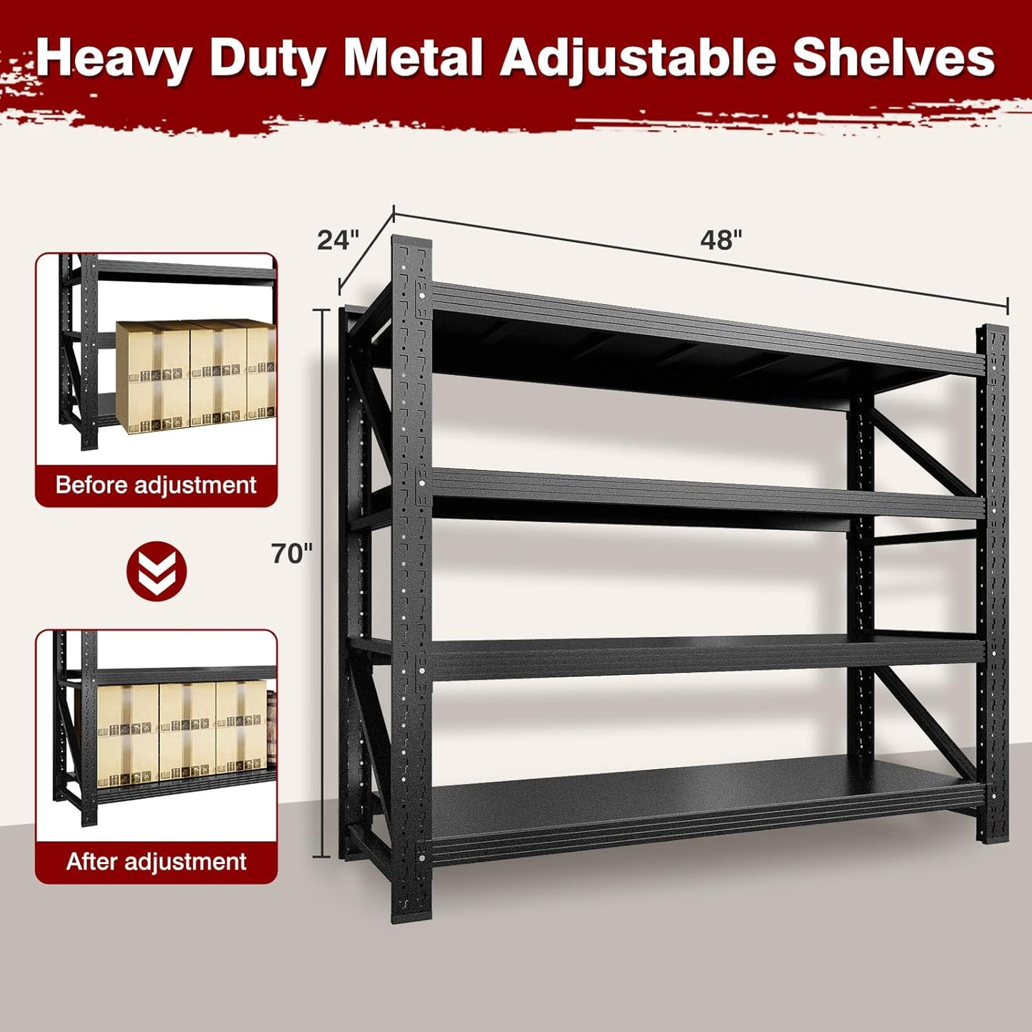 5000LBS Metal Steel Storage Shelves - 71.3" W Black 4 Tier Heavy Duty Rack Commercial Industrial Shelving with Adjustable Shelf for Basement Garage Warehouse - 71.3" W x 24" D x 70" H
