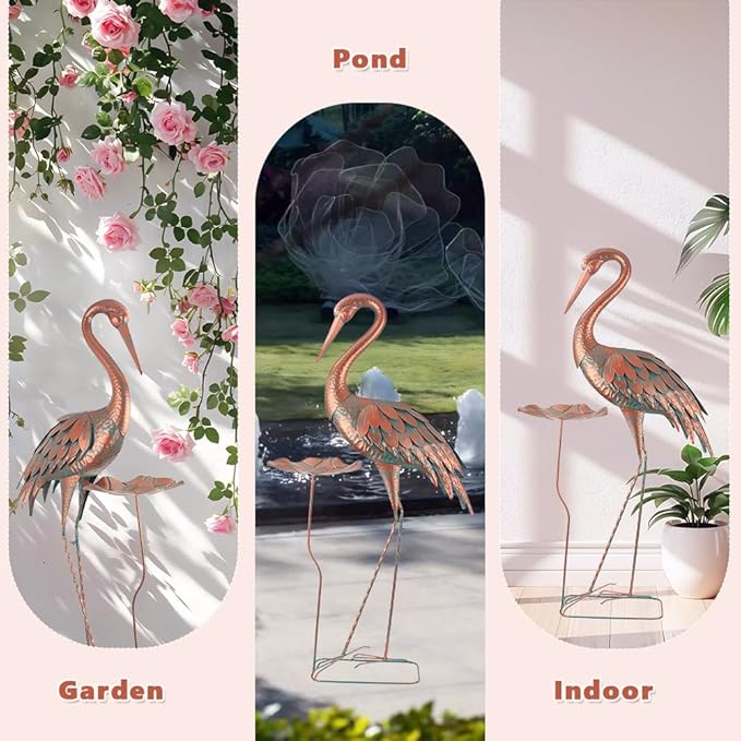 42'' Crane Garden Statue, Heron Outdoor Statue & Sculpture with Lotus Leaf, Metal Heron Yard Art Decor for Garden, Yard, Lawn, Pond (Brown & Blue)