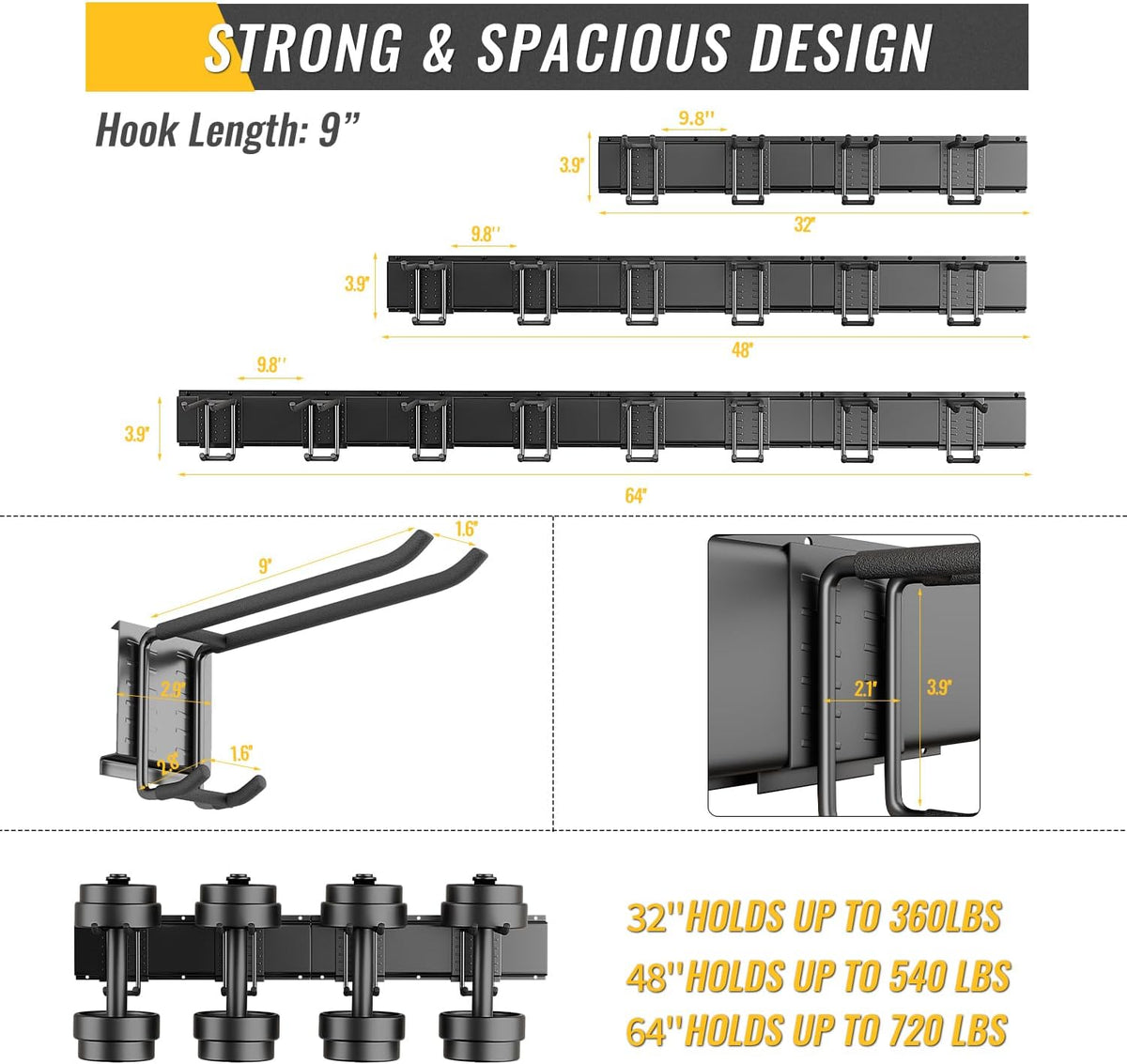 Garage Tool Rack Wall Mount – 32 Inches Heavy-Duty Garden Tool Holder with 4 Adjustable Hanging Hooks – Garage Wall Storage Organizer for Shovel, Rake – Max Load 360 lbs (32 inch)
