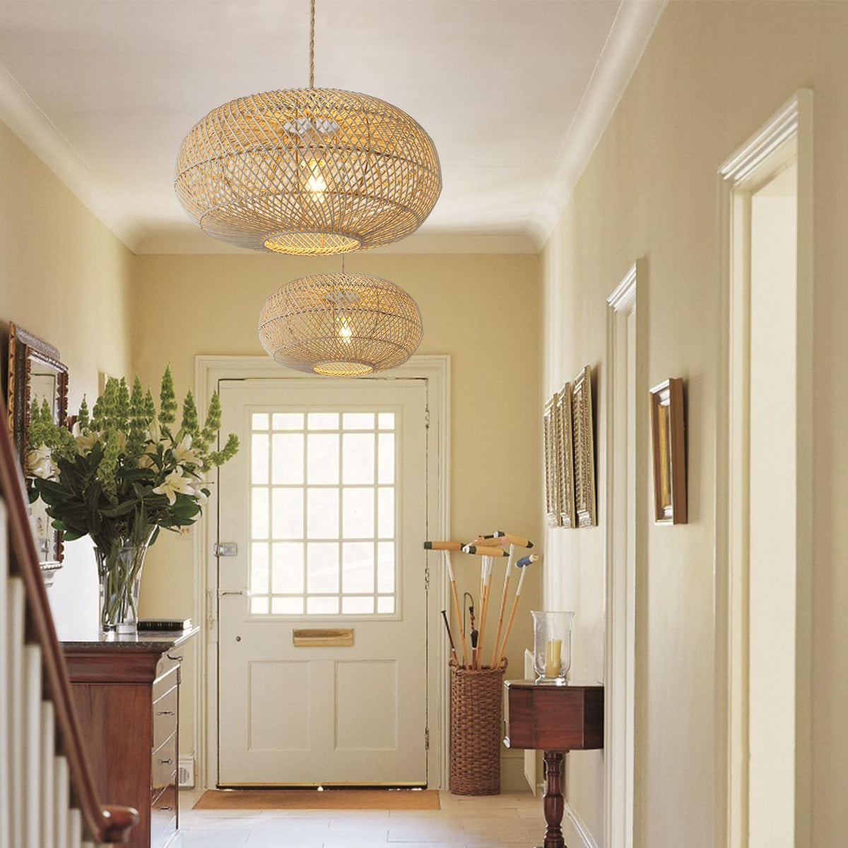 Rattan Pendant Light 16" 1-Light Hand-Woven Rattan Hanging Light，Wicker Woven Basket Chandelier，Modern Bohemian Pendant Lamp for Kitchen Island Foyer Farmhouse Porch