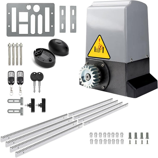 Blütezeit 2650lb Automatic Sliding Gate Opener Rack Drive Operator for Heavy Driveway Slide Gates Up to 40 Feet, Rolling Gate Motor with 2 Remote Controls, Infrared Sensor & Complete Hardware Kit
