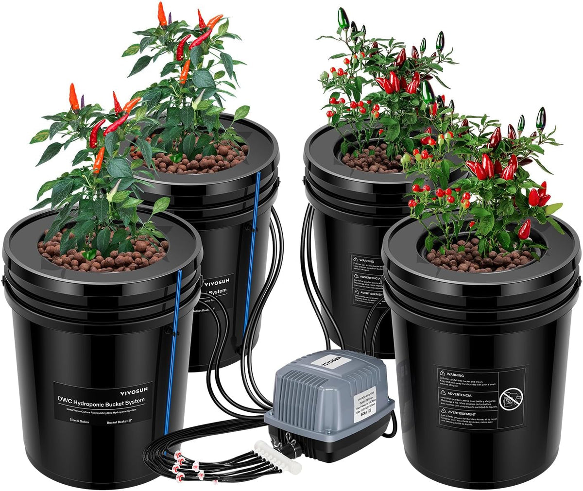 VIVOSUN DWC Hydroponics Grow System with Top Drip Kit, 5-Gallon Deep Water Culture, Recirculating Drip Garden System with Multi-Purpose Air Hose, Air Pump, and Air Stone (4 Buckets + Top Drip Kit)