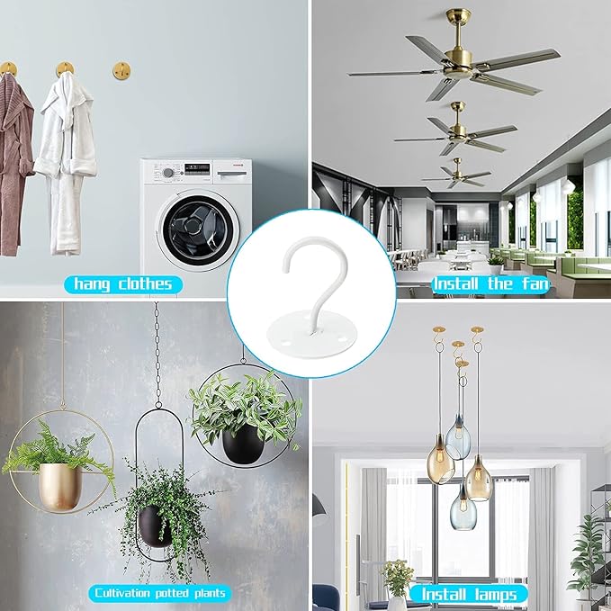 Ceiling Hooks for Hanging Plants- Metal Heavy Duty Wall Mounted Hangers for Hanging Bird Feeders, Planters, Wind Chimes, Include Professional Drywall Anchors (5 Pack) (Bright White)