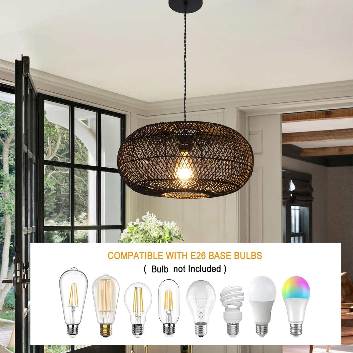 Rattan Pendant Light 15.75" 1-Light Hand-Woven Bamboo Rattan Hanging Lamp Large Globe Wicker Chandelier Modern Bohemian Adjustable Pendant Lamp for Kitchen Island Farmhouse Outdoor Porch Black.…