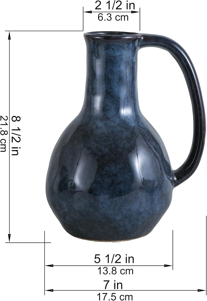 Blue Ceramic Vase with Big Handles, Modern Farmhouse Decor, Rustic Pottery for Flowers, Decorative Terracotta Centerpiece for Dining Table