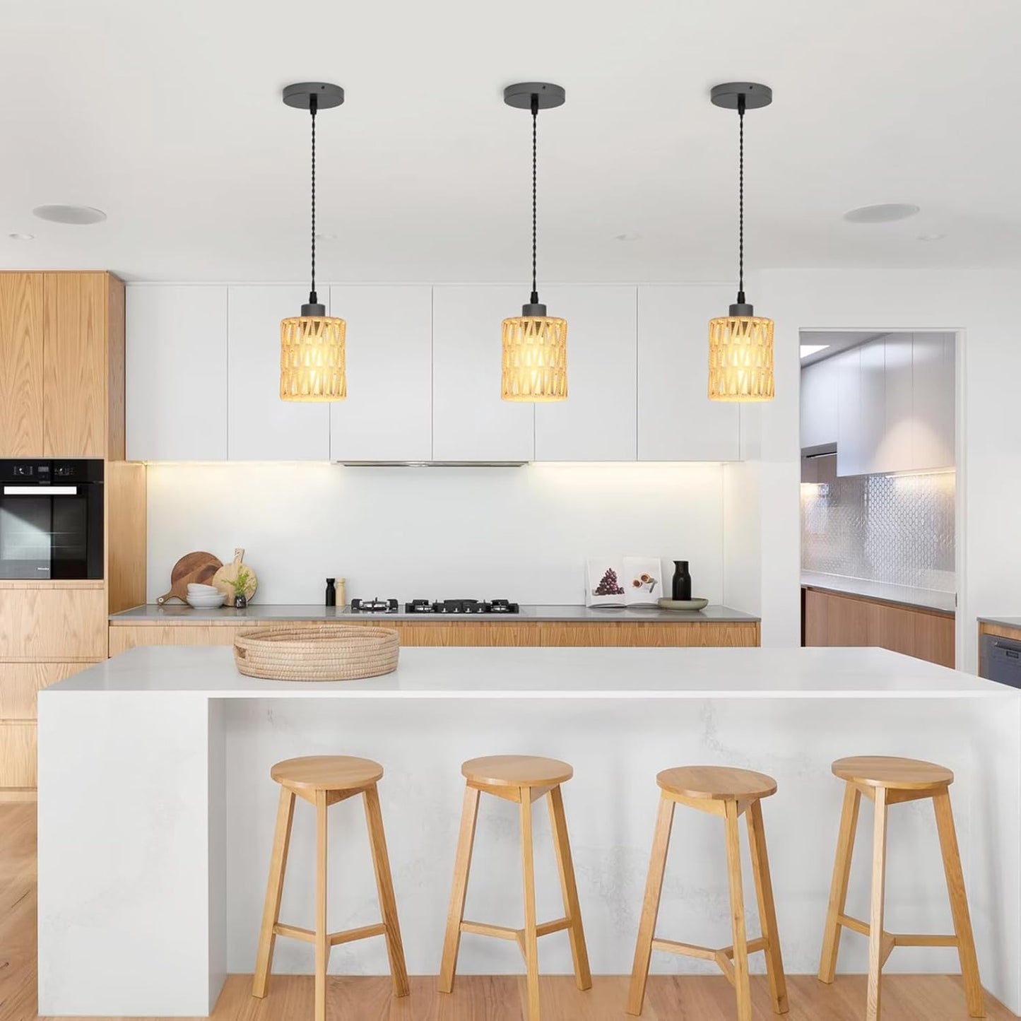 3Packs Boho Rustic Hemp Rope Pendant Light Hand-Woven Rattan Cage Basket Coastal Light Fixture Farmhouse Wicker Hanging Lighting for Kitchen Island Dining Room Bedroom