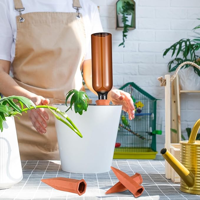 Baderke 12 Set Plant Watering Devices, Terracotta Watering Spikes with 25 oz Plastic Wine Bottles, Slow Release Vacation Insert Automatic Plant Waterer Device for Indoor Outdoor