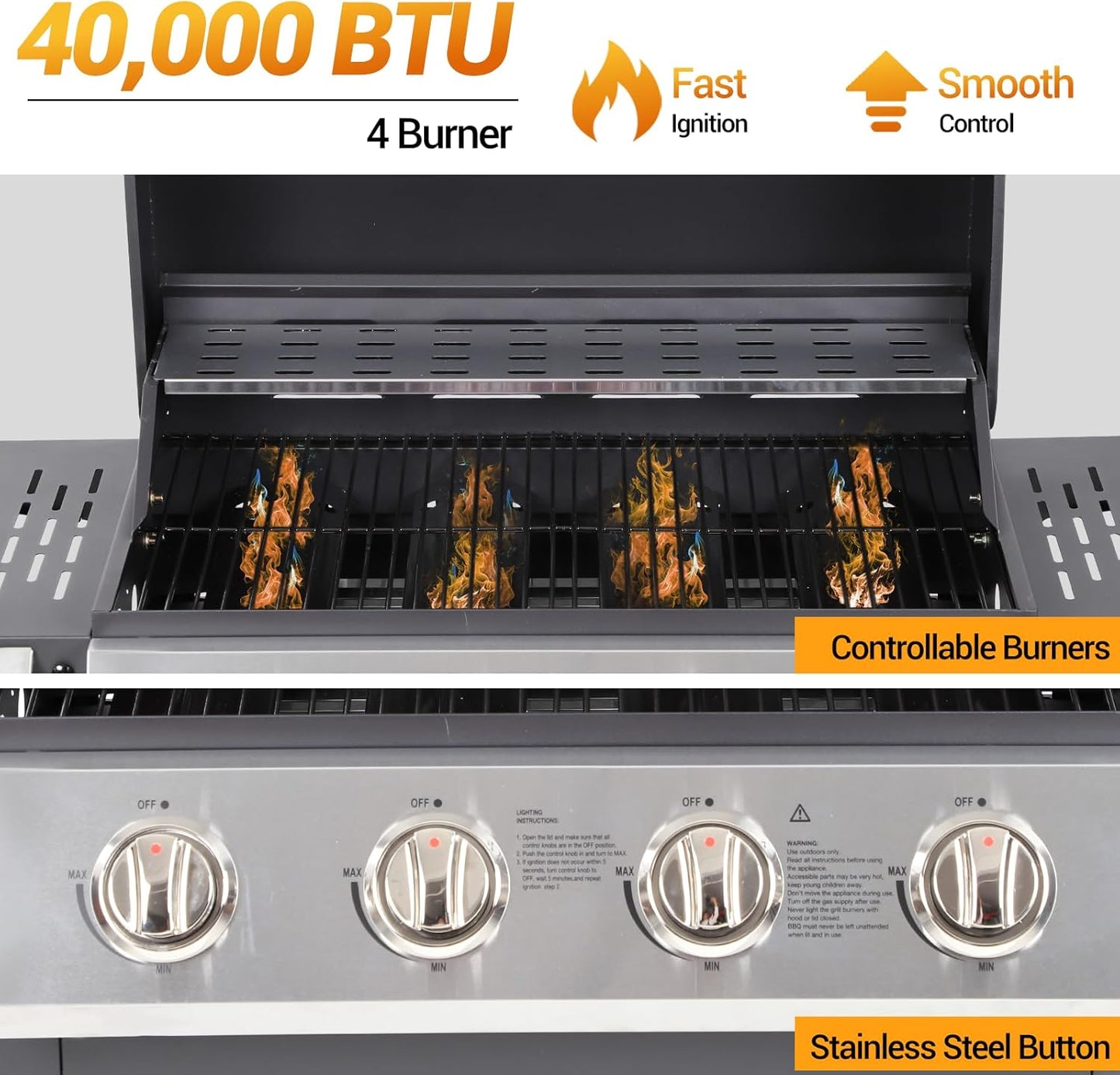 4 Burner Gas Grill with Side Burner, Stainless Steel Foldable Side Tables, 40,000 BTU, with Grease Tray, Easy Assembly for Patio, Backyard (Folding Version)